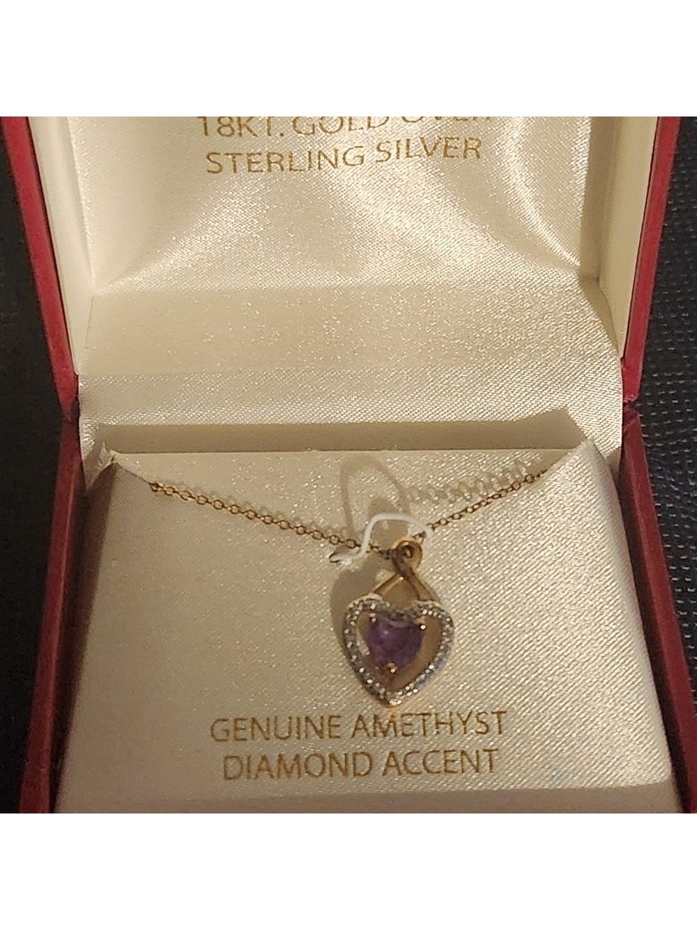 18ct Gold Over Sterling Chain Link Heart Necklace W/ Diamond Accents & Amethyst